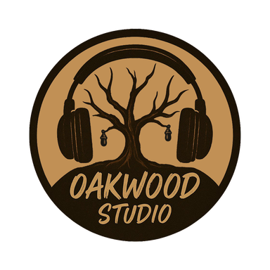 Oakwood Studio logo: a bare tree wearing headphones